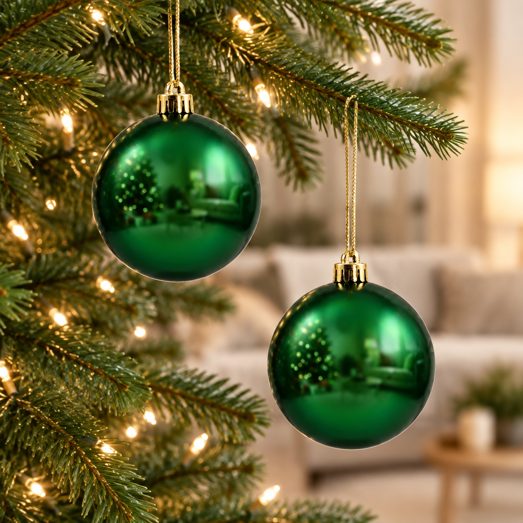Set de dos bambalinas verdes perladas de plástico de 14 cm en ramas navideñas