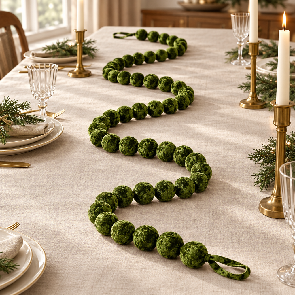 Guirnalda de bambalinas verde oliva sobre una mesa con decoración navideña