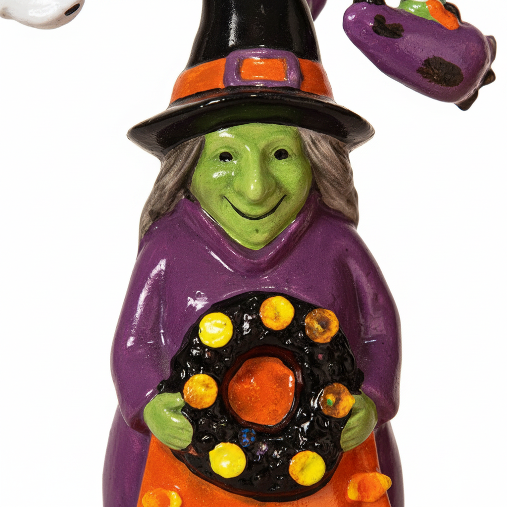 Zoom detalle figura decorativa Halloween bruja cerámica 31cm cara verde túnica morada arco metálico figuras colgantes