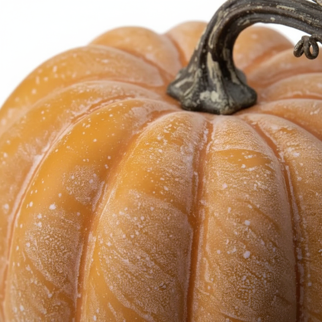 Zoom detalle calabaza decorativa sintética naranja ámbar 15cm textura moteada costillas pronunciadas tallo gris curvado