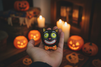 Figura gato negro Halloween 11cm en palma de mano mostrando escala real resina pintada a mano Caracas Venezuela