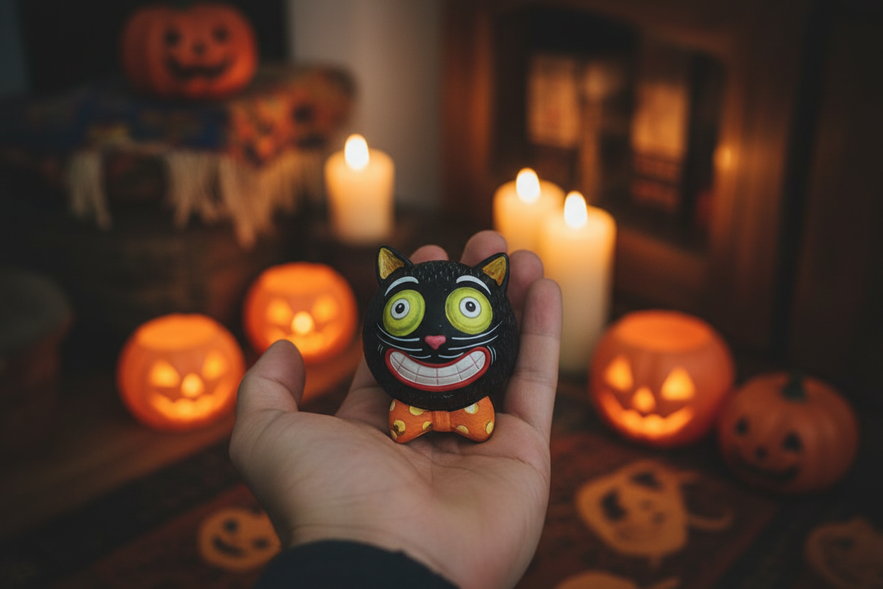 Figura gato negro Halloween 11cm en palma de mano mostrando escala real resina pintada a mano Caracas Venezuela