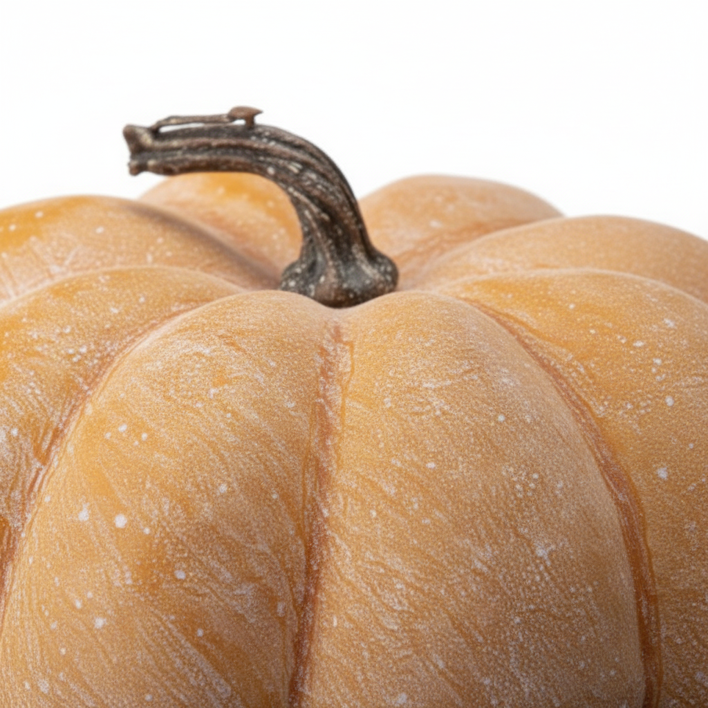 Zoom detalle calabaza decorativa sintética naranja durazno 30cm costillas redondeadas textura moteada Halloween Acción de Gracias