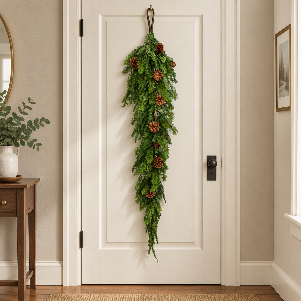 Guirnalda colgante Mix Pino con piñas de 122 cm en una puerta interior