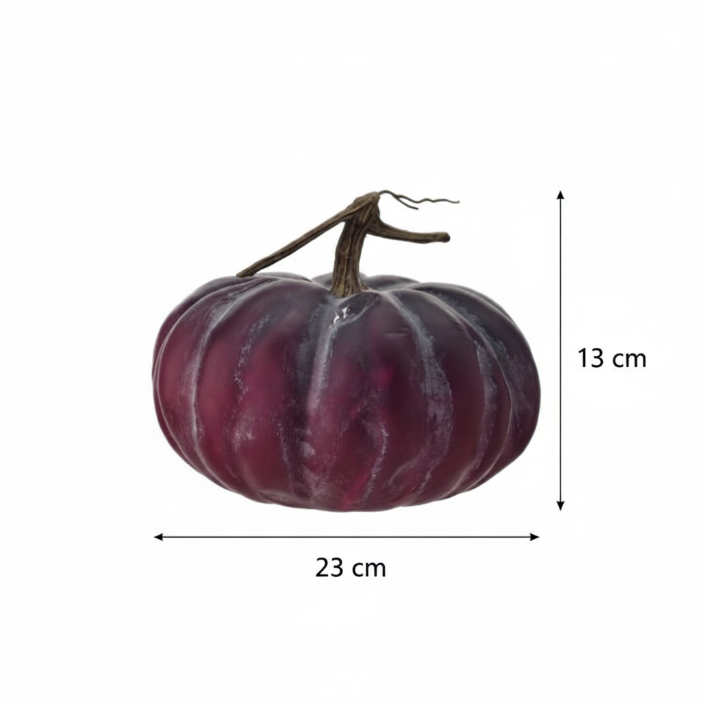 Medidas calabaza decorativa látex vinotinto ciruela plana 13cm alto 23cm ancho cotas externas ficha técnica