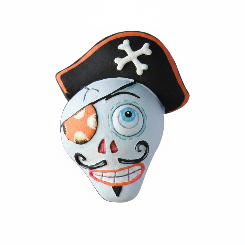 Zoom detalle figura pirata calavera gris azul tricornio negro rojo parche naranja ojo azul resina Halloween 11cm