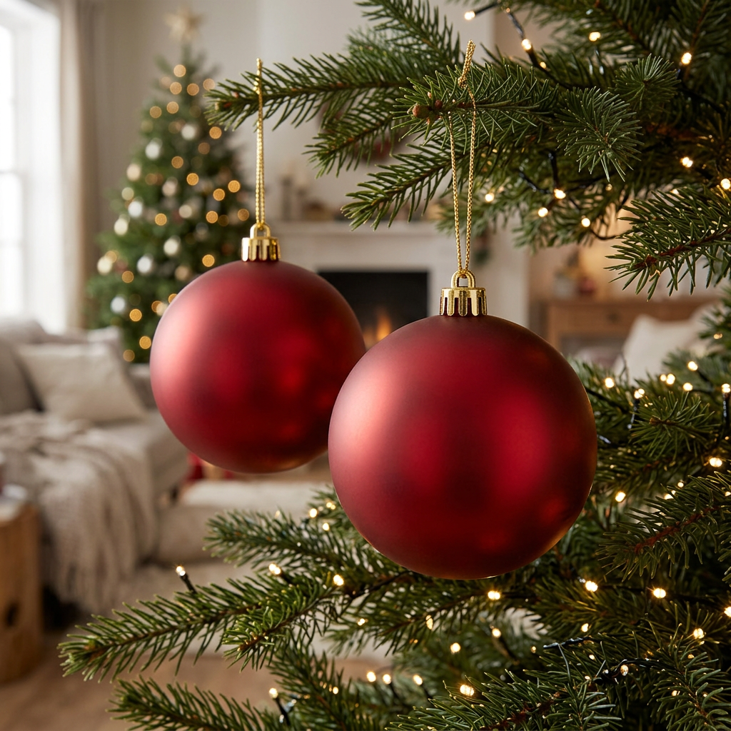 Set de 2 bambalinas mates rojas de 14 cm ambientadas en árbol de Navidad