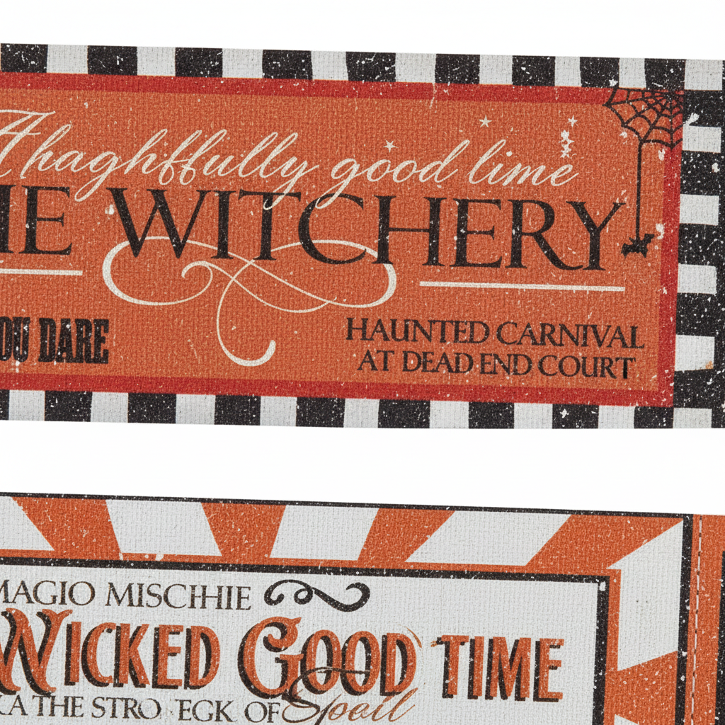 Zoom detalle boleto decorativo Halloween carnaval vintage The Witchery naranja negro metal 91cm