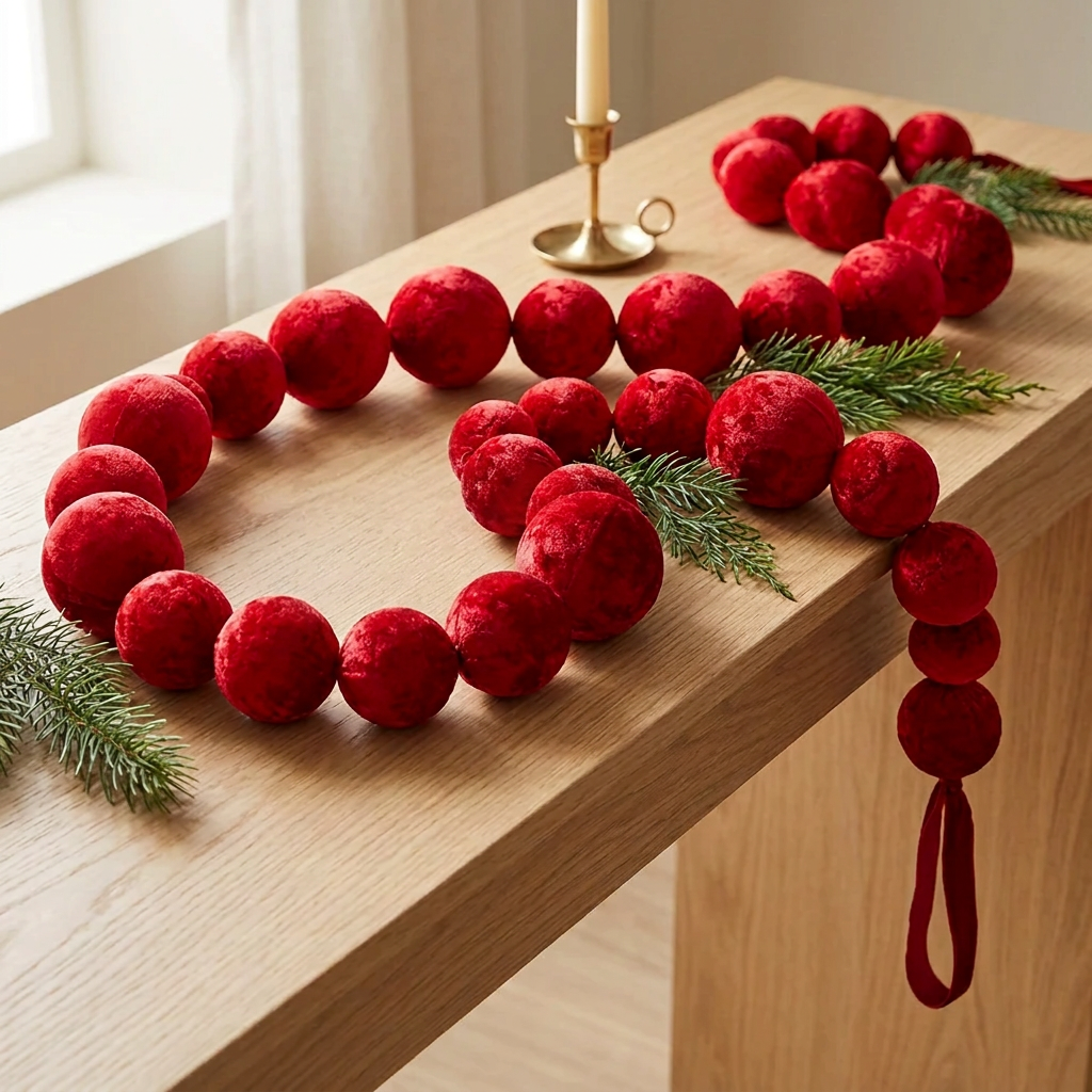 Guirnalda de bambalinas Mix roja sobre consola de madera con follaje navideño y candelabro.