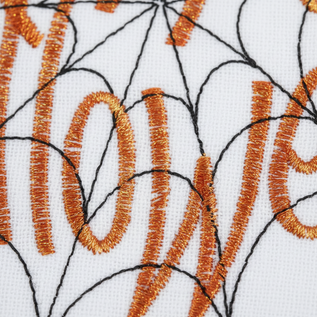 Zoom detalle bordado telaraña negra Happy Halloween cursiva naranja paño algodón cocina Halloween