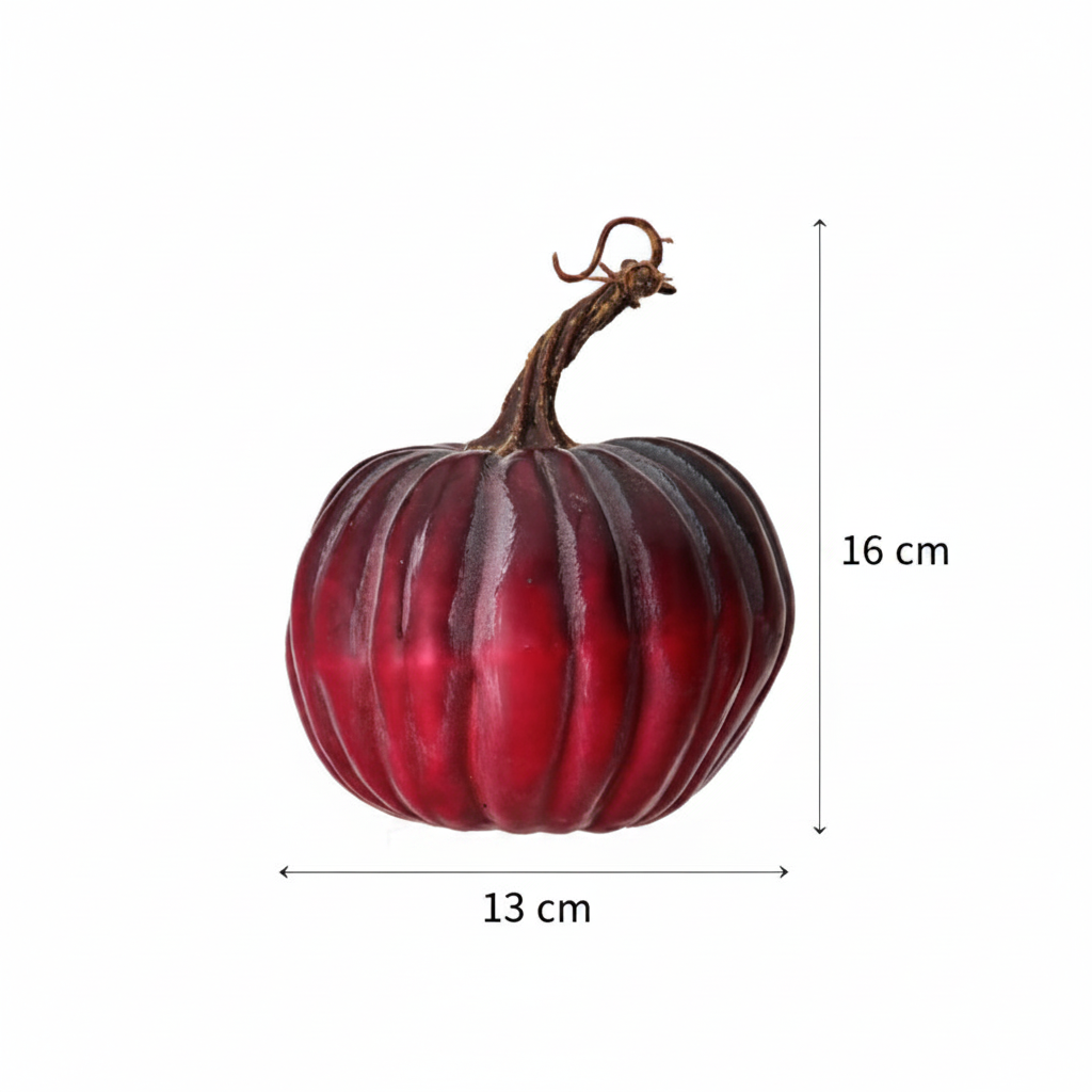 Medidas calabaza decorativa plástico vinotinto borgoña 13cm ancho 16cm alto cotas externas ficha técnica