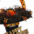 Zoom detalle adorno Halloween sombrero bruja textil 81cm piernas naranja lunares botas negras letrero Happy Halloween glitter