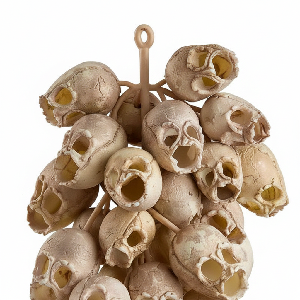Zoom detalle racimo colgante calaveras plástico color hueso envejecido cuencas huecas Halloween 30cm