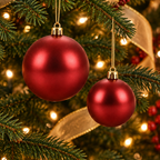 Imagen generada de dos bambalinas perladas rojas con remates dorados colgadas en un árbol de Navidad