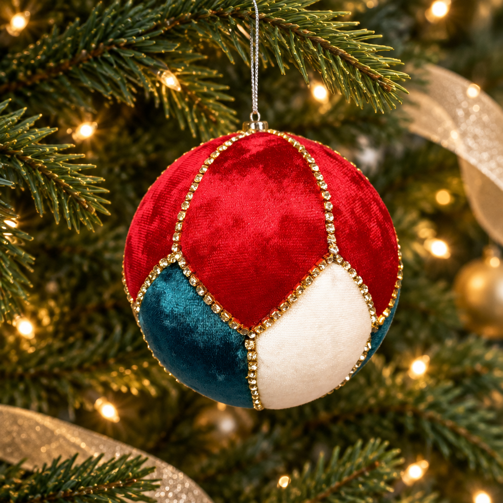 Imagen generada de una bambalina Rombos multicolor con bordes dorados ambientada en un árbol de Navidad