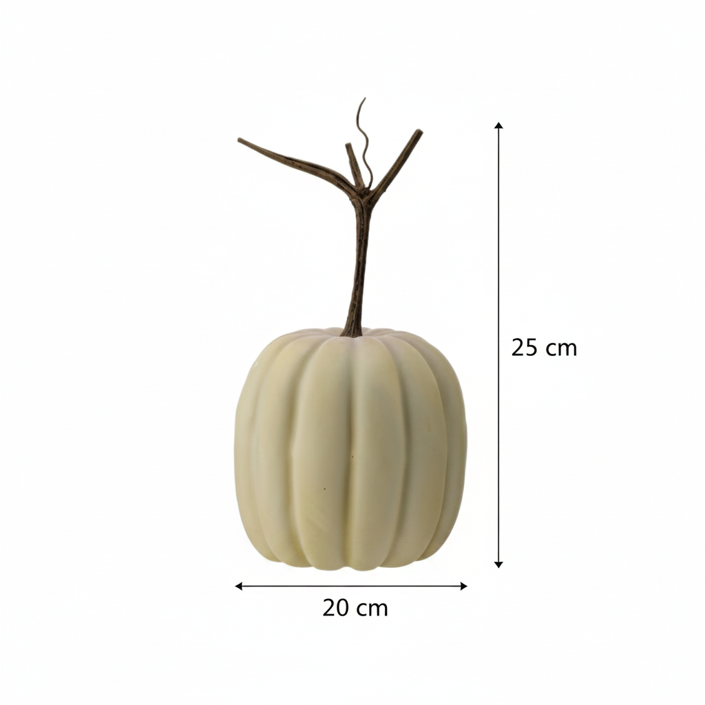 Medidas calabaza decorativa látex marfil beige 20cm ancho 25cm alto total cotas externas ficha técnica