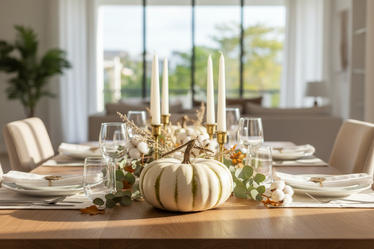 Decoración otoñal sofisticada calabaza látex crema verde plana Jarrahdale Acción de Gracias Caracas Venezuela