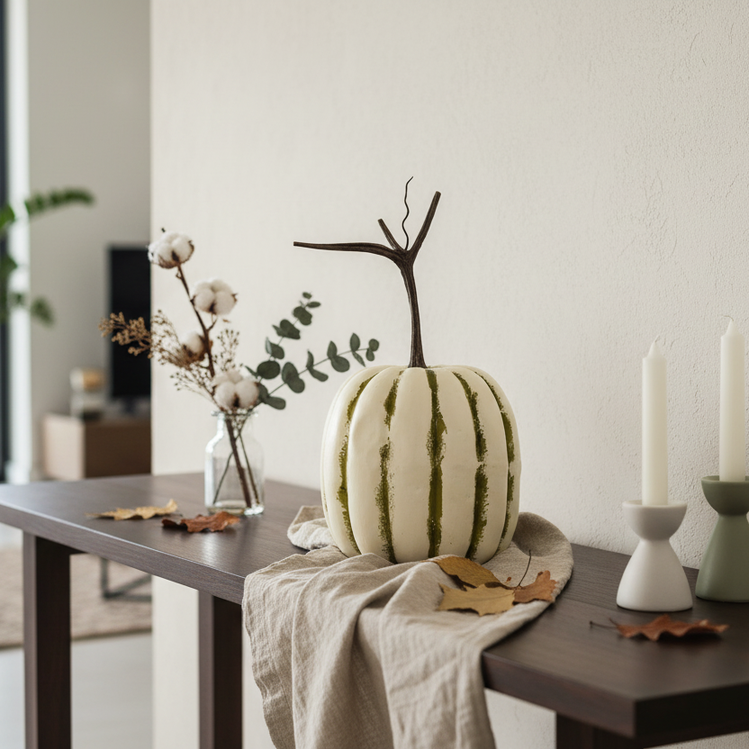 Decoración otoñal sofisticada calabaza látex crema verde oliva 20cm tallo ramificado Acción de Gracias Caracas Venezuela