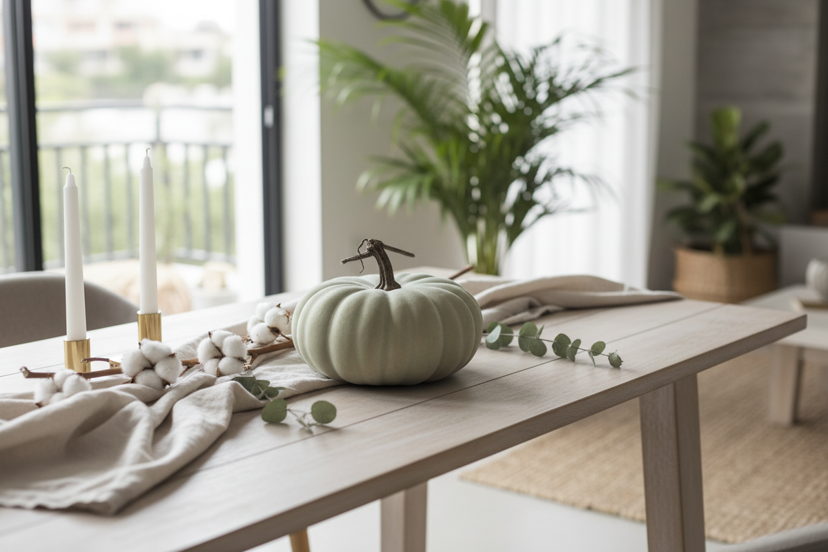 Decoración otoñal sofisticada calabaza látex verde sage plana Cinderella Acción de Gracias Caracas Venezuela