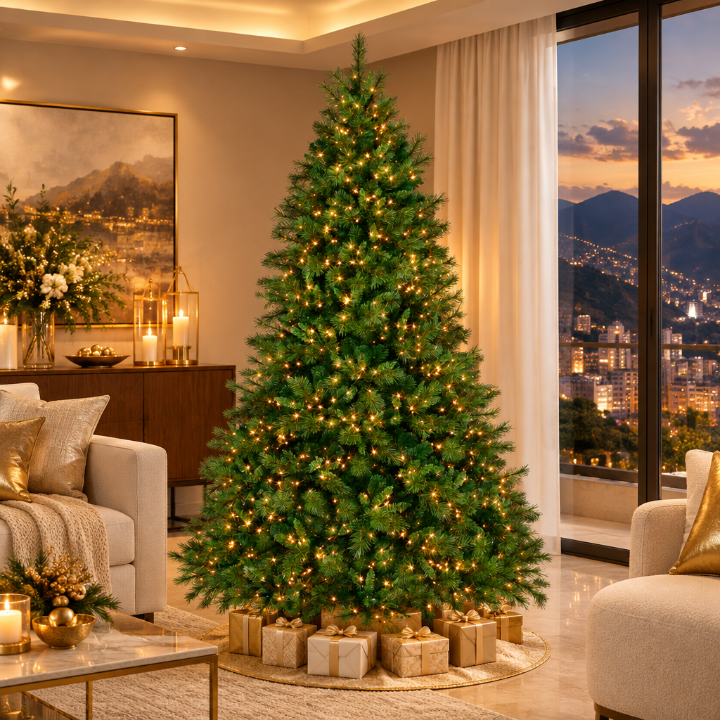 Árbol Deluxe con Luces verde en sala decorada de Navidad