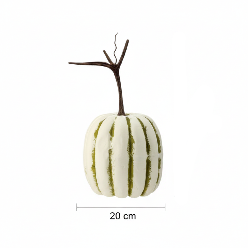 Medidas calabaza decorativa látex crema verde oliva 20cm alto 20cm ancho cotas externas ficha técnica