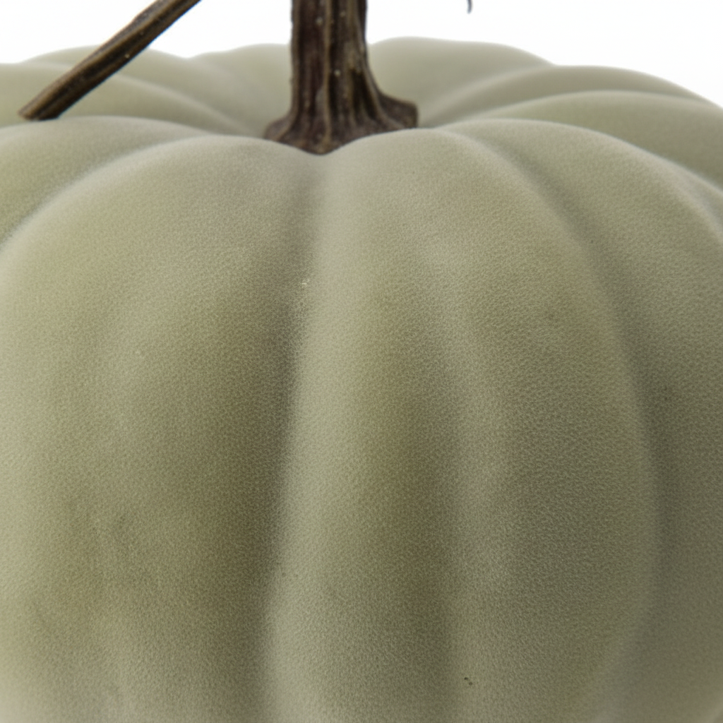 Zoom detalle calabaza decorativa látex verde sage plana Cinderella 13x23cm acabado mate aterciopelado tallo asimétrico