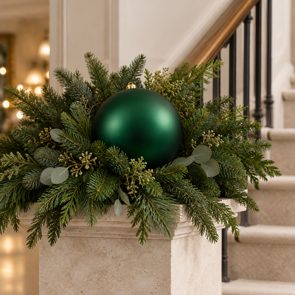 Bambalina mate verde de 25 cm en un arreglo navideño con follaje sobre pedestal