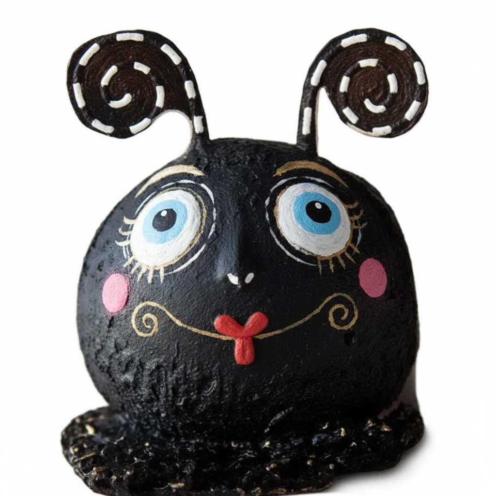 Zoom detalle figura monstruito negro resina antenas espiral ojos azules mejillas rosadas lengua roja Halloween 11cm