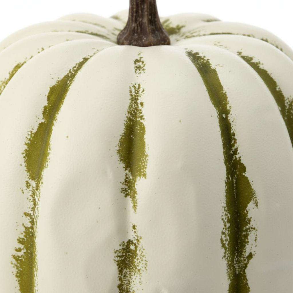Zoom detalle calabaza decorativa látex crema rayas verde oliva 20cm forma alta tallo ramificado seco Acción de Gracias