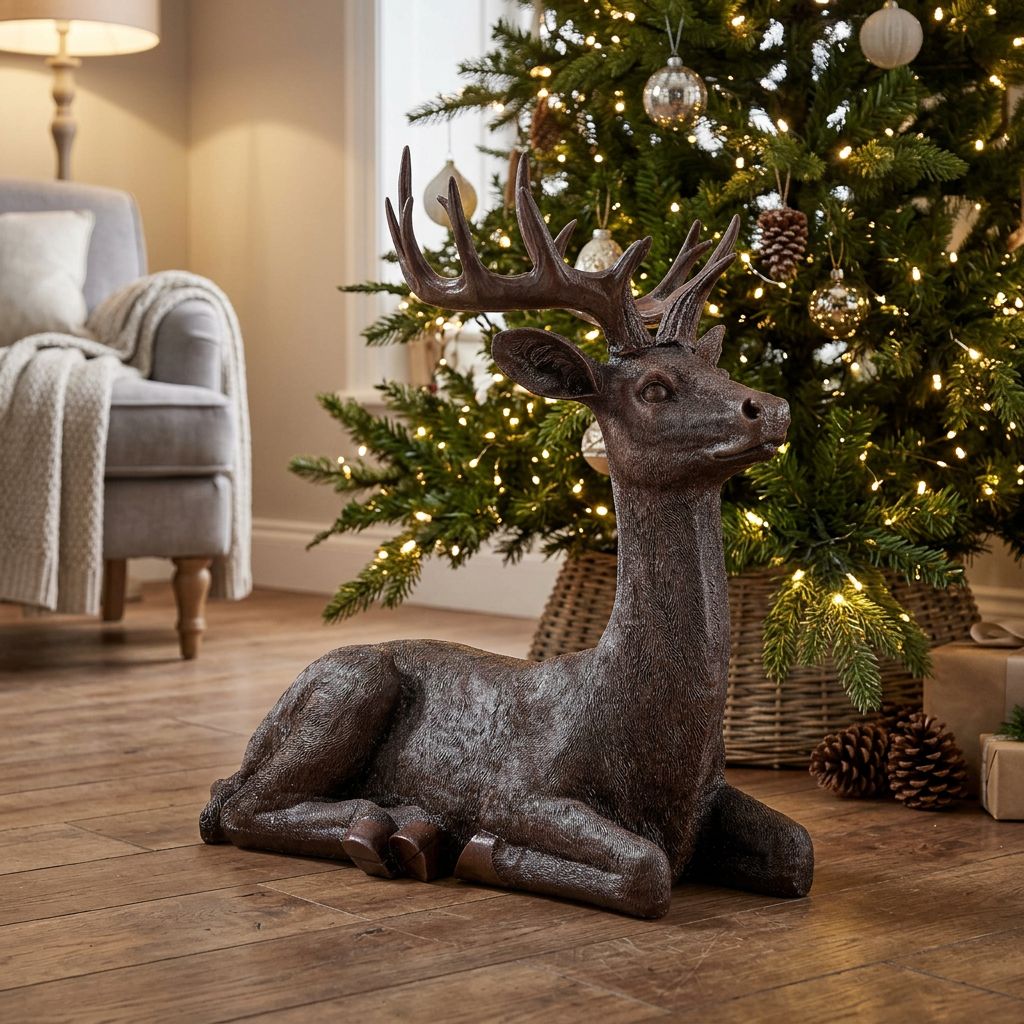 Ciervo decorativo marrón sentado de 56 cm en el piso junto al árbol de Navidad