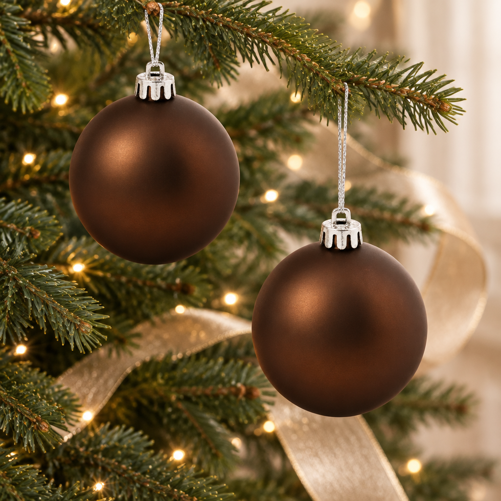 Imagen generada de dos bambalinas mates marrones de 14 cm colgadas en un árbol de Navidad