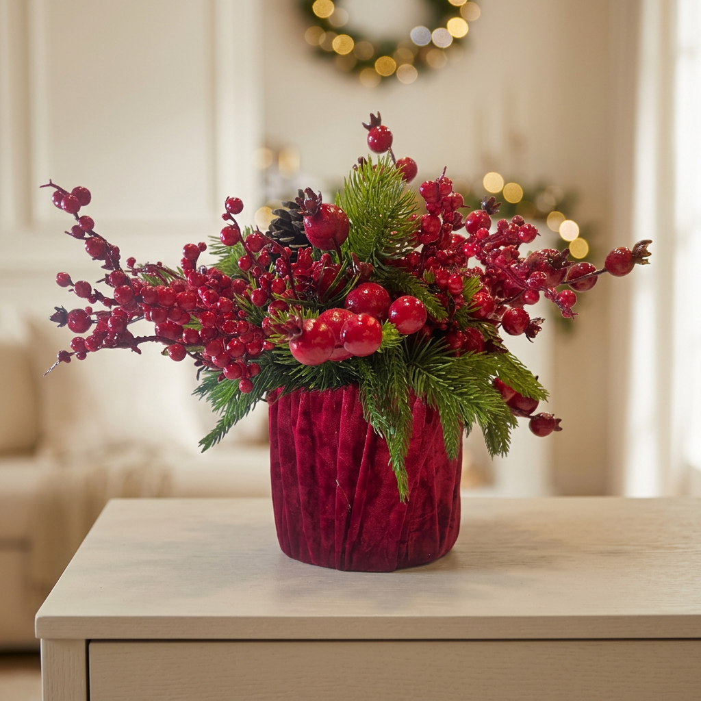 Arreglo navideño Cherry y Piñas sobre una consola en un ambiente navideño