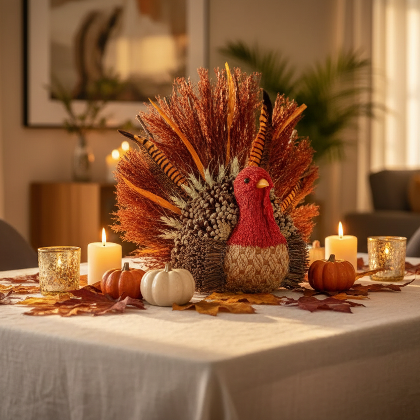 Centro de mesa Acción de Gracias figura pavo artesanal sisal 30cm protagonista absoluta Thanksgiving Caracas Venezuela