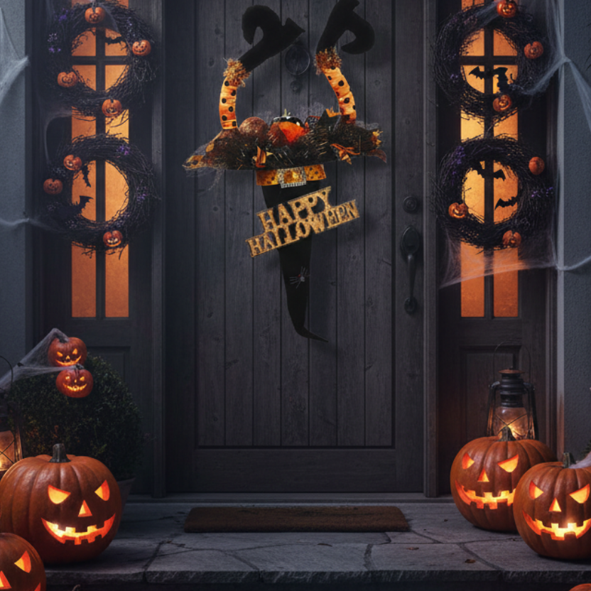 Decoración Halloween adorno sombrero bruja piernas textil 81cm puerta chimenea Caracas Venezuela
