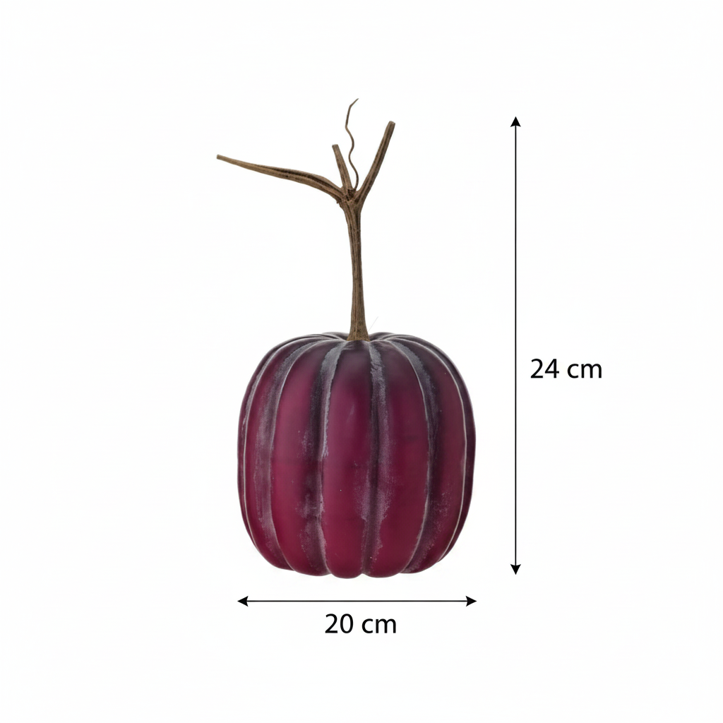 Medidas calabaza decorativa látex vinotinto ciruela 20cm ancho 24cm alto total cotas externas ficha técnica