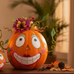 Set calabaza decorativa Halloween resina mini 13cm y grande 41cm juntas repisa sala Caracas Venezuela