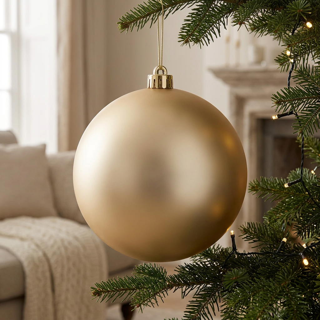 Bambalina mate champagne grande de 25 cm ambientada en árbol de Navidad