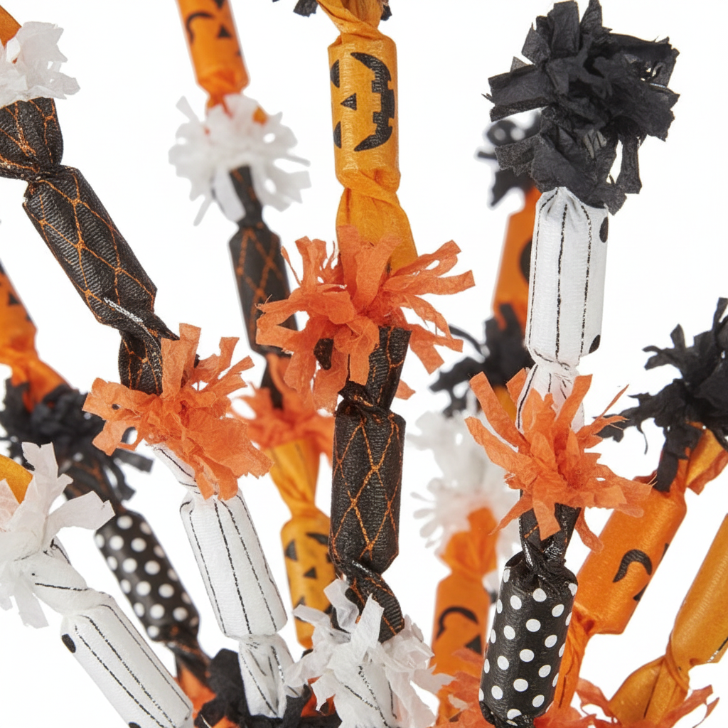 Zoom detalle caramelos envueltos papel Jack-o-lantern naranja negro blanco rama decorativa Halloween 96cm