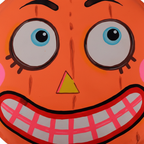 Zoom detalle macarrón colgante calabaza naranja papel maché 30cm ojos azules nariz amarilla dientes cuadriculados Halloween