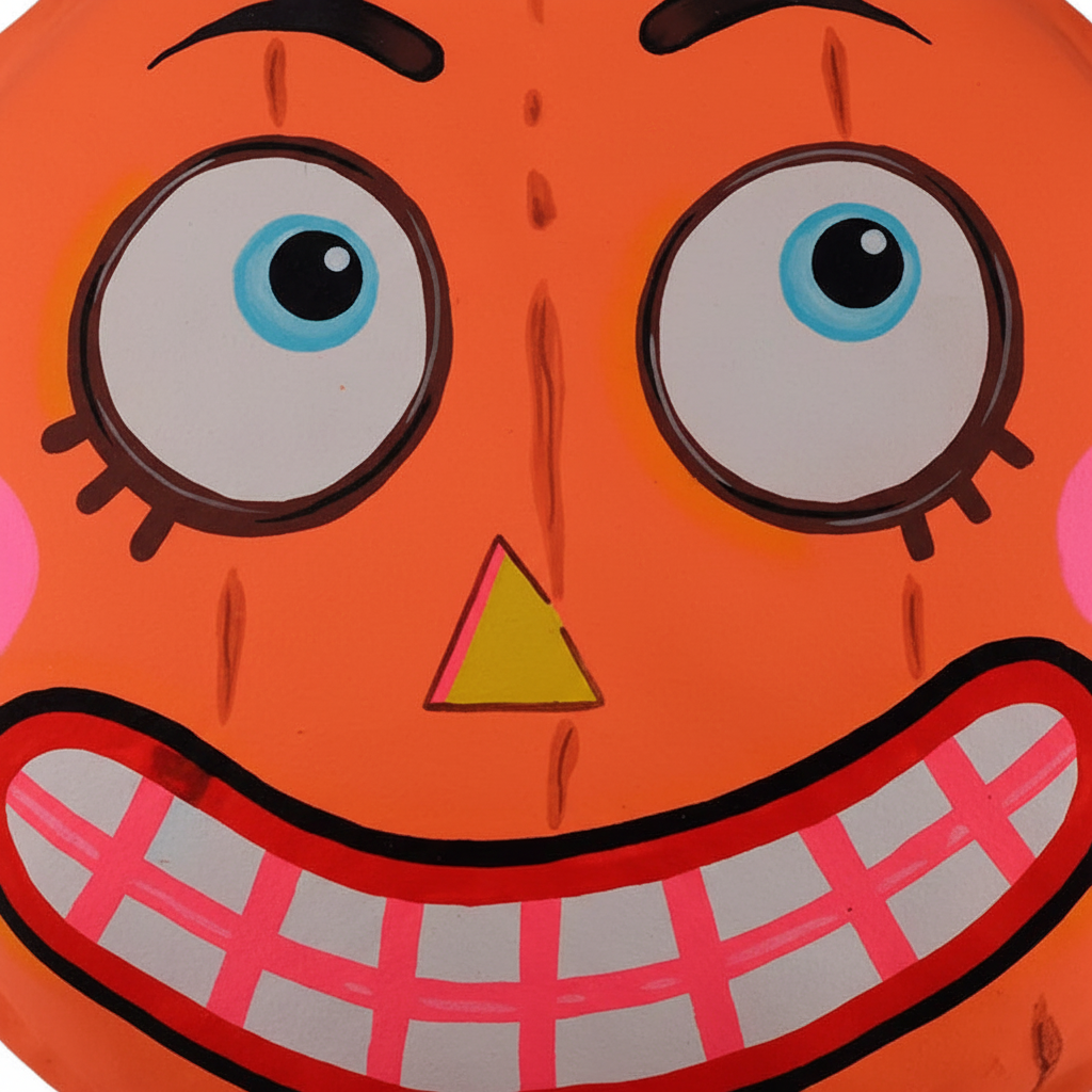 Zoom detalle macarrón colgante calabaza naranja papel maché 30cm ojos azules nariz amarilla dientes cuadriculados Halloween