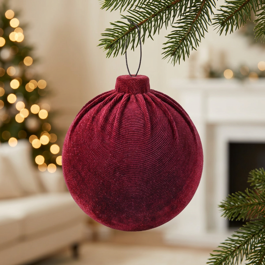 Bambalina plisada vinotinto en tela velvet de 20 cm en un árbol de Navidad