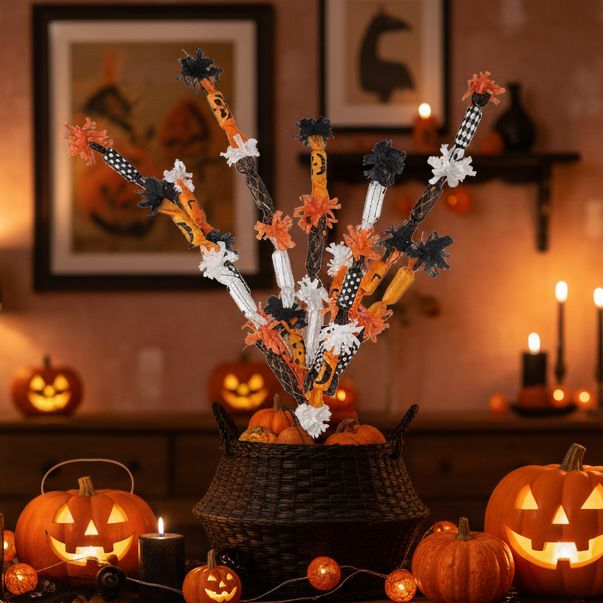 Decoración Halloween con rama de caramelos 96cm en florero oscuro Caracas Venezuela