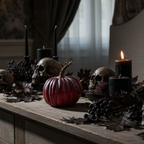 Decoración Halloween oscuro calabaza plástico vinotinto borgoña 13cm escala real velas negras ambiente gótico Caracas Venezuela