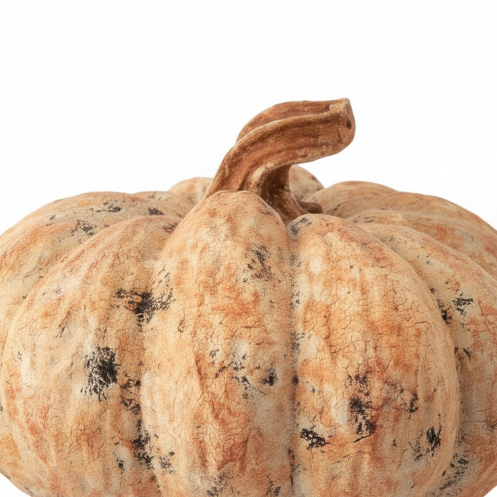 Zoom detalle calabaza decorativa vintage crema beige achatada textura rugosa envejecida 25cm Halloween Acción de Gracias