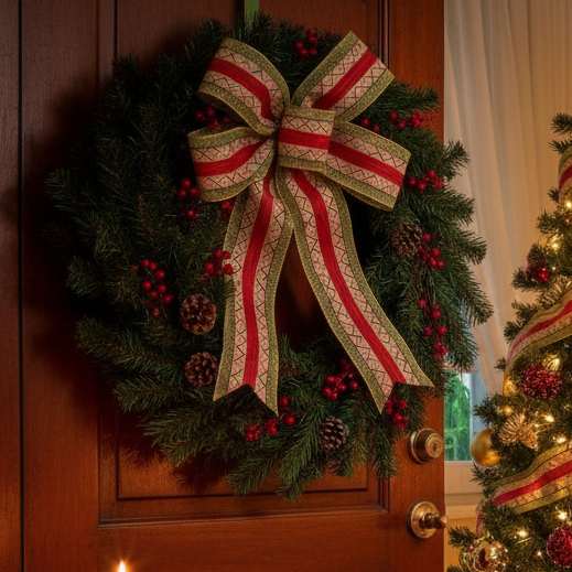 Cinta navideña zigzag rojo verde dorado moño corona árbol navidad guirnalda decoración Caracas Venezuela