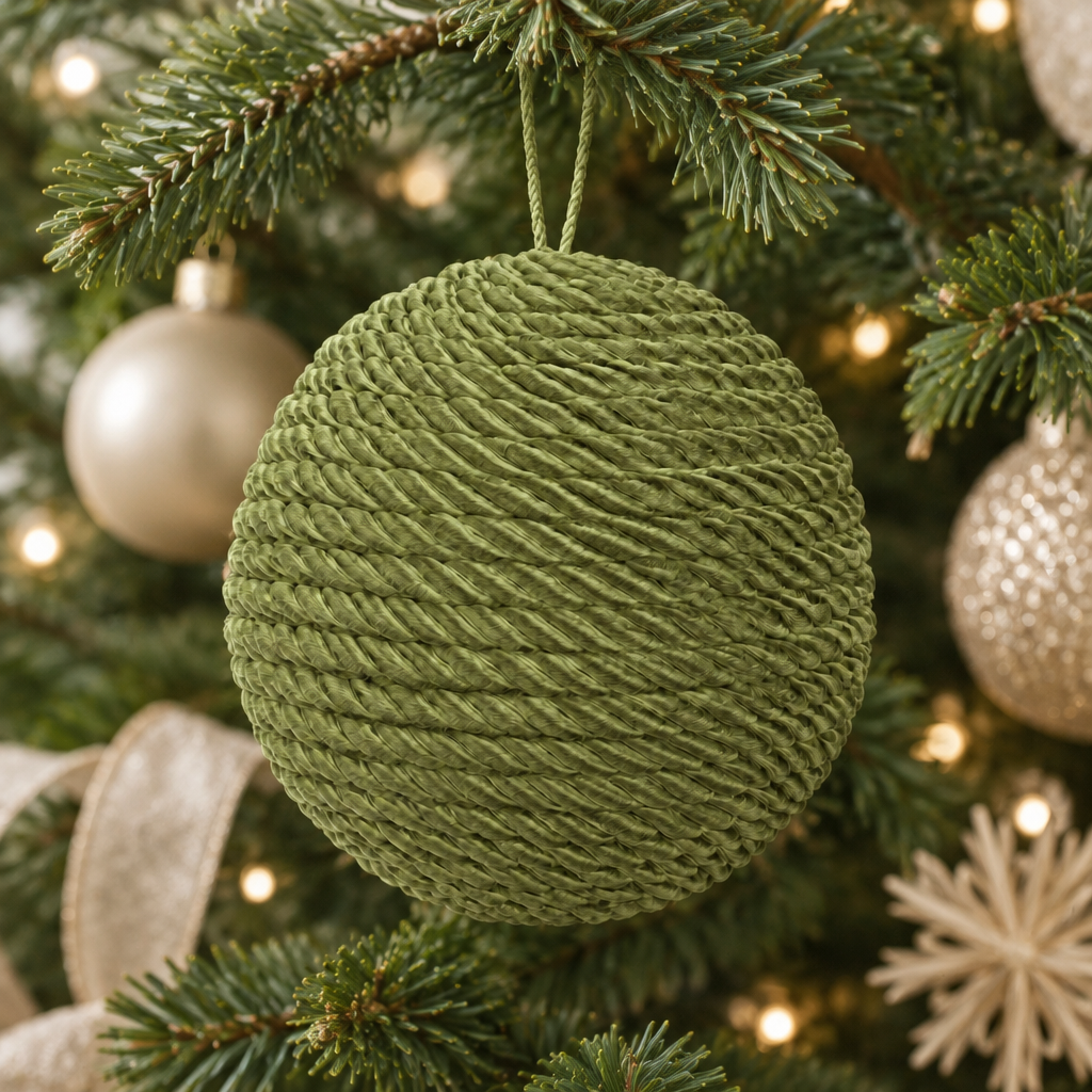 Imagen generada de una bambalina Hoop verde oliva con textura trenzada ambientada en un árbol de Navidad