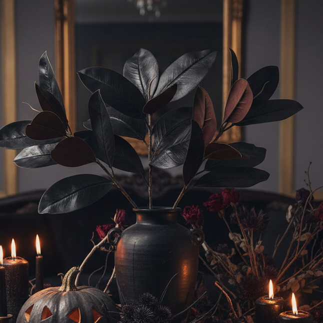 Decoración Halloween con rama magnolia artificial negra en florero oscuro Caracas Venezuela