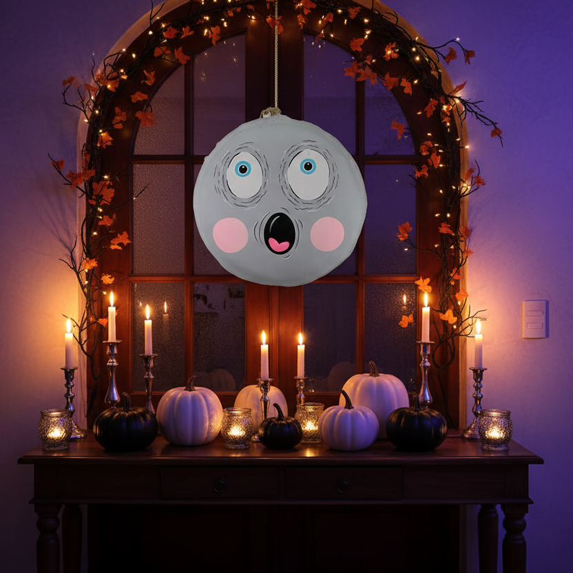 Decoración Halloween colgante macarrón fantasma gris papel maché 30cm puerta techo Caracas Venezuela