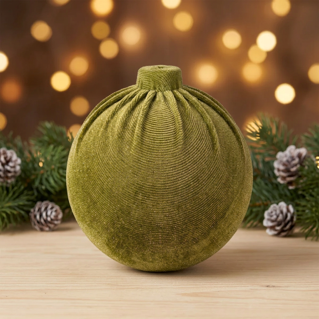 Bambalina Plisada Salvia de 12 cm sobre una consola en un ambiente navideño