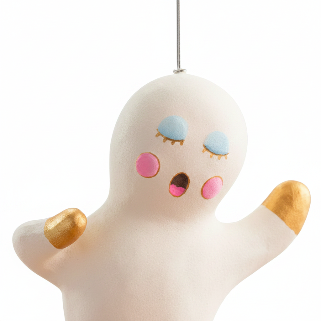 Zoom detalle colgante fantasma kawaii blanco dorado 55cm cara tierna ojos cerrados cola espiral rayas doradas Halloween